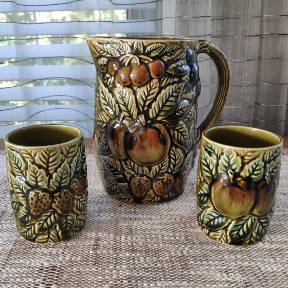 MCM Green Pitcher Set of 3 Reliefed Ceramic VTG Fruit Motif Pitcher and Tumblers